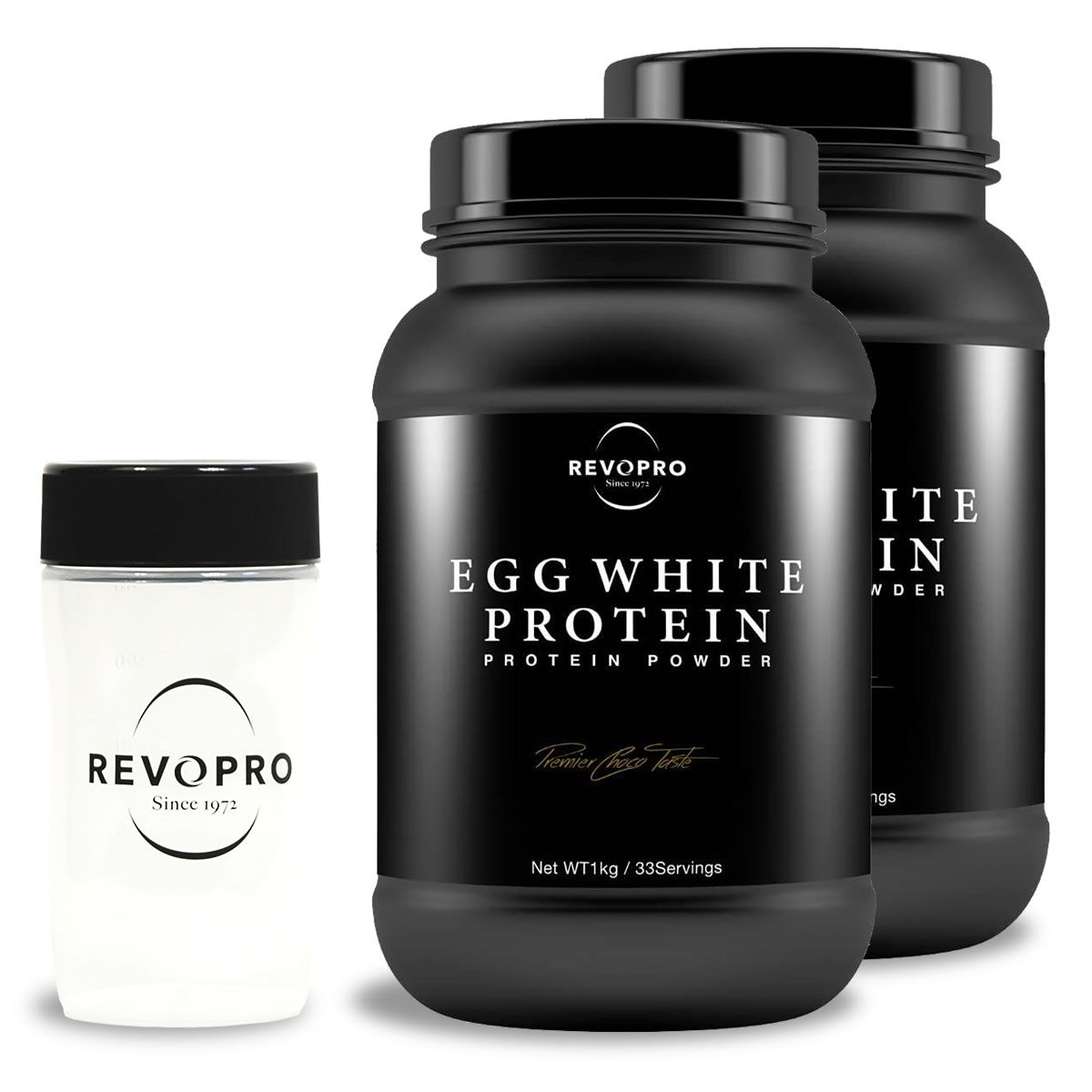 REVOPRO®エッグホワイトプロテイン プレミアム チョコレート味(ボトル) x2個 + シェーカーセット